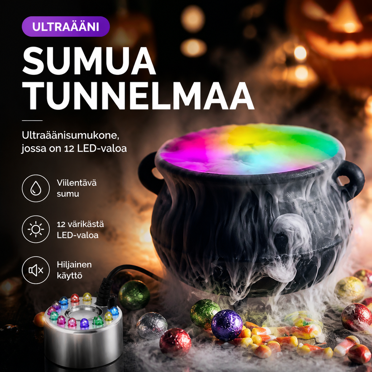 ⚡🎃🔥Ultraäänisumukone, jossa on 12 LED-valoa