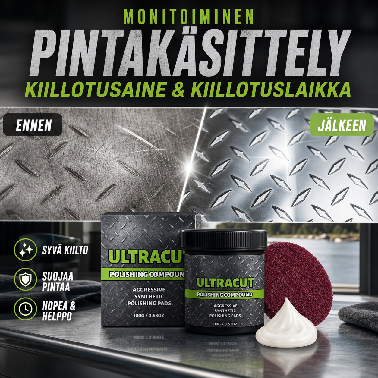 Monitoiminen pintakäsittelykiillotusaine ja kiillotuslaikka