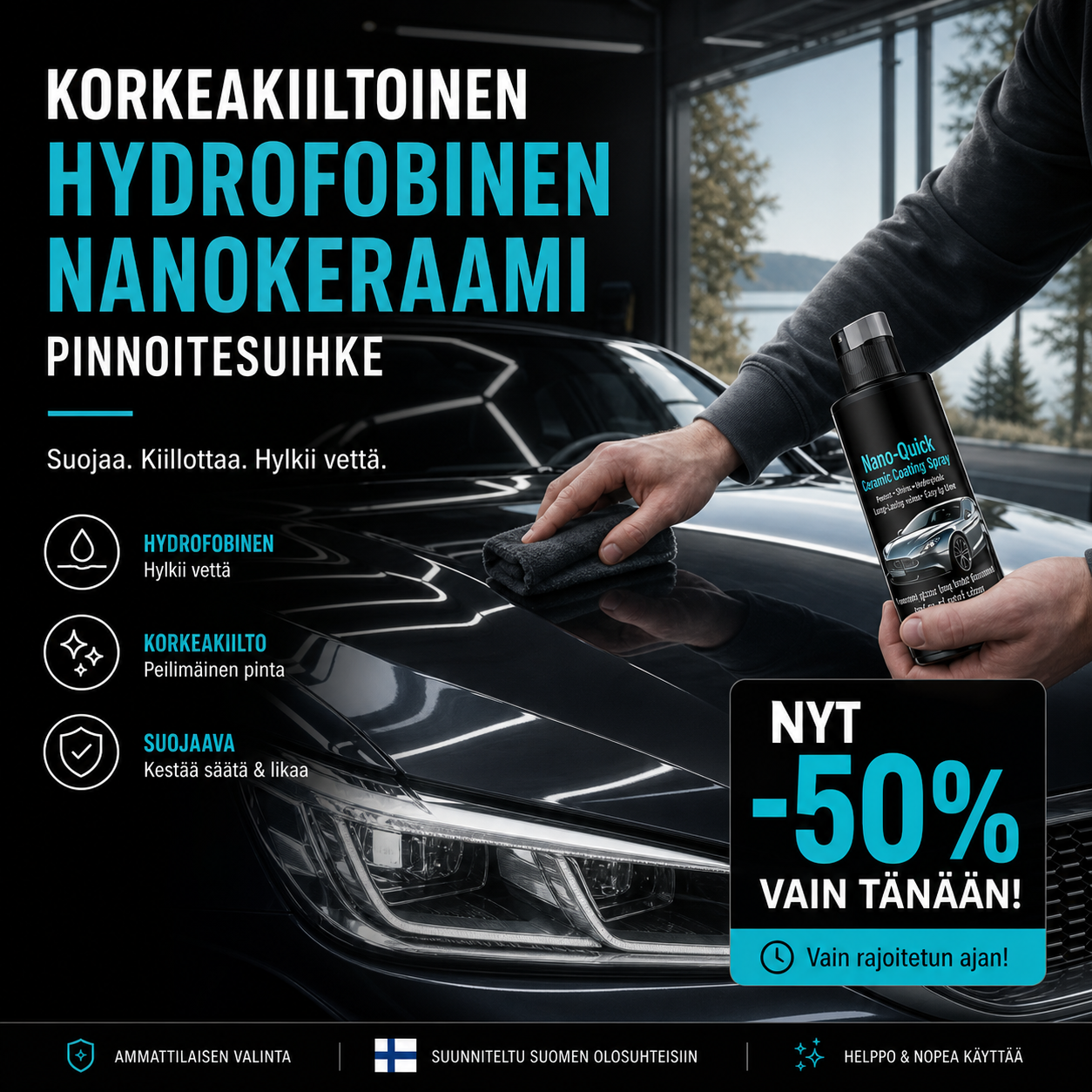 🔥Rajoitetun ajan tarjous -50%🔥Korkeakiiltoinen hydrofobinen nanokeraamipinnoitesuihke