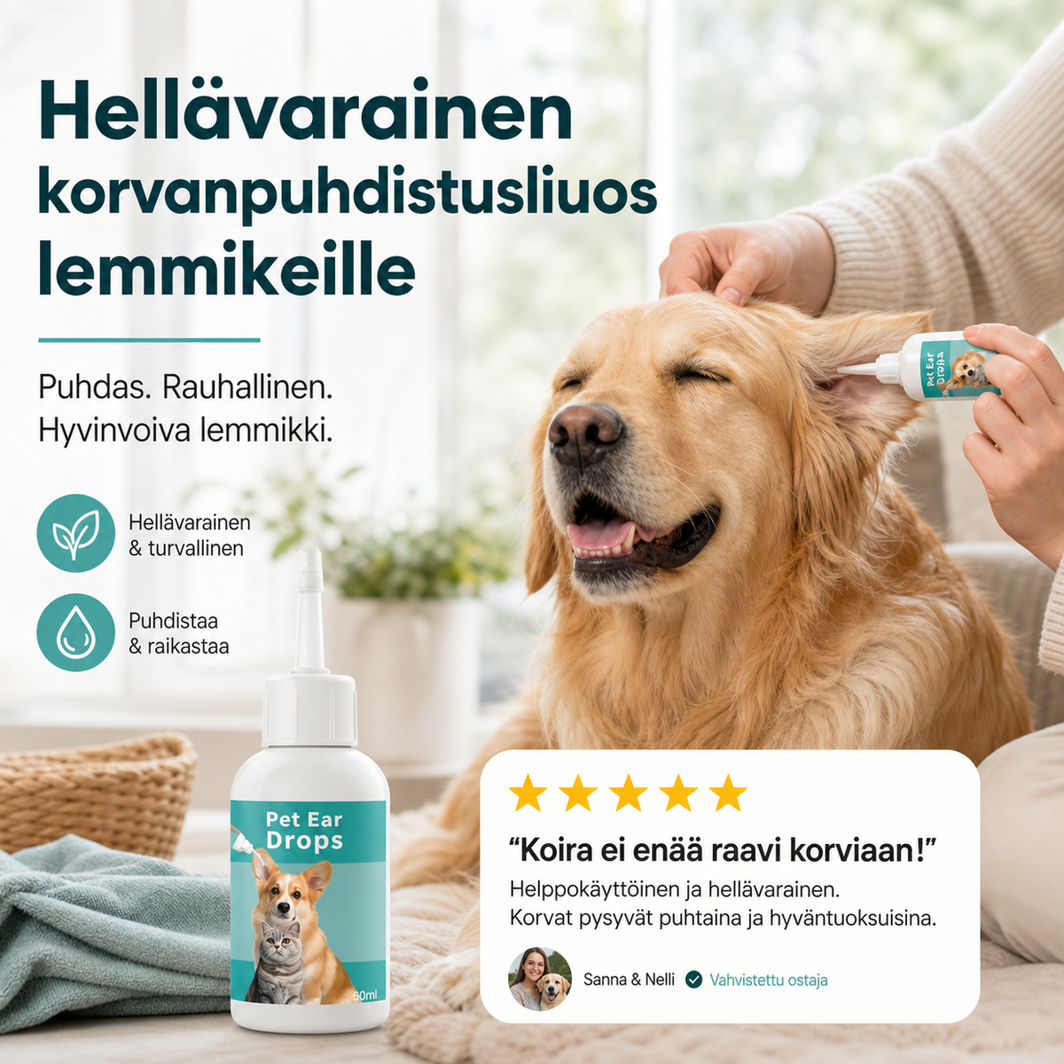 Hellävarainen korvanpuhdistusliuos lemmikeille