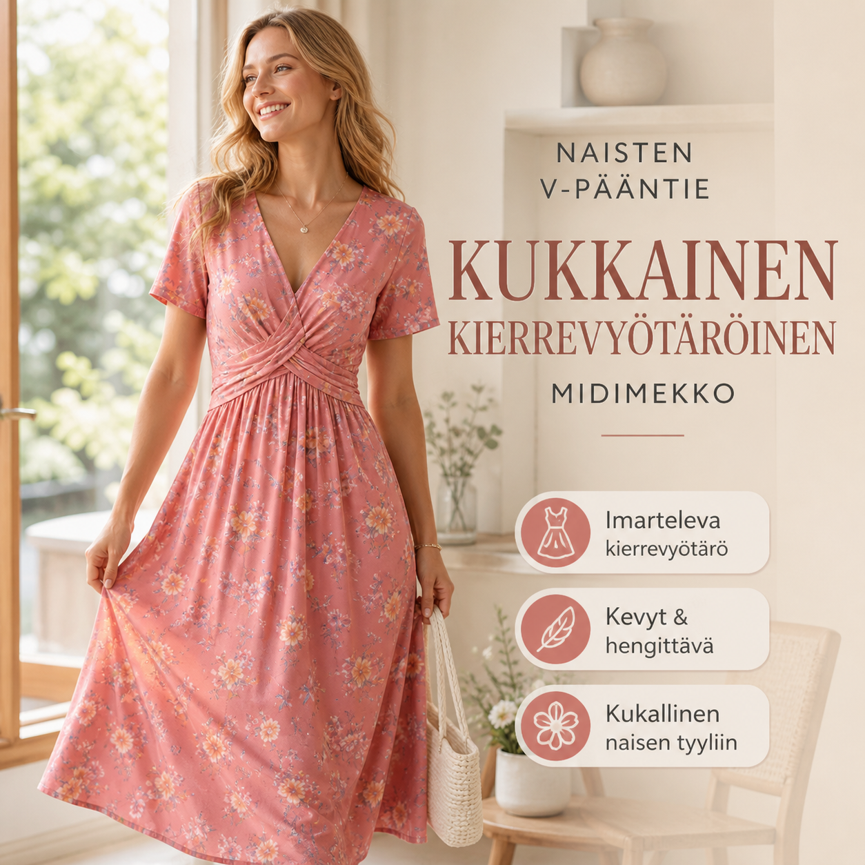 👗 -50% NYT! 💐Naisten V-pääntie kukallinen kierrevyötäröinen midimekko – sivutaskuilla, pehmeä virtaava rento kesämekko