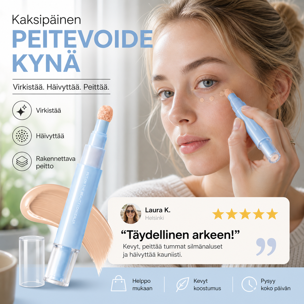 🔥Osta 1, saat 1 ilmaiseksi NYT!💄🥳YLI 50 000 MYYTY!🎨Kaksipäinen peitevoidekynä – peittää tummat silmänaluset ja näppylät, 24 tunnin kosteutus. Kevyt, ei kakkuuntuva. Pehmeä viimeistely.✨