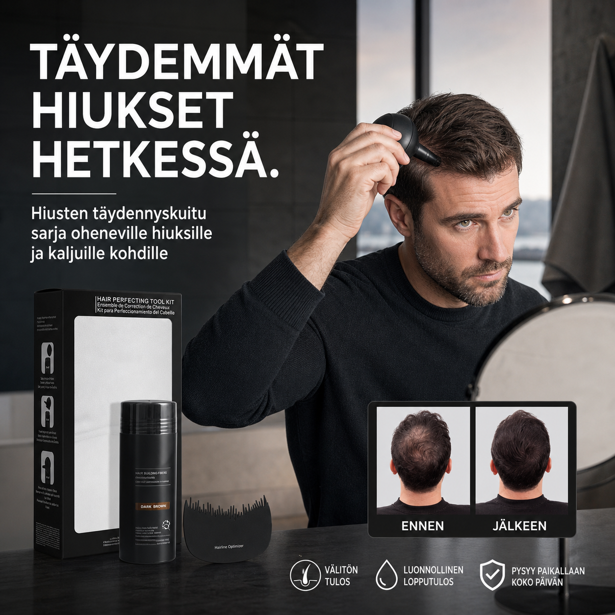 Hiusten täydennyskuitu sarja oheneville hiuksille ja kaljuille kohdille