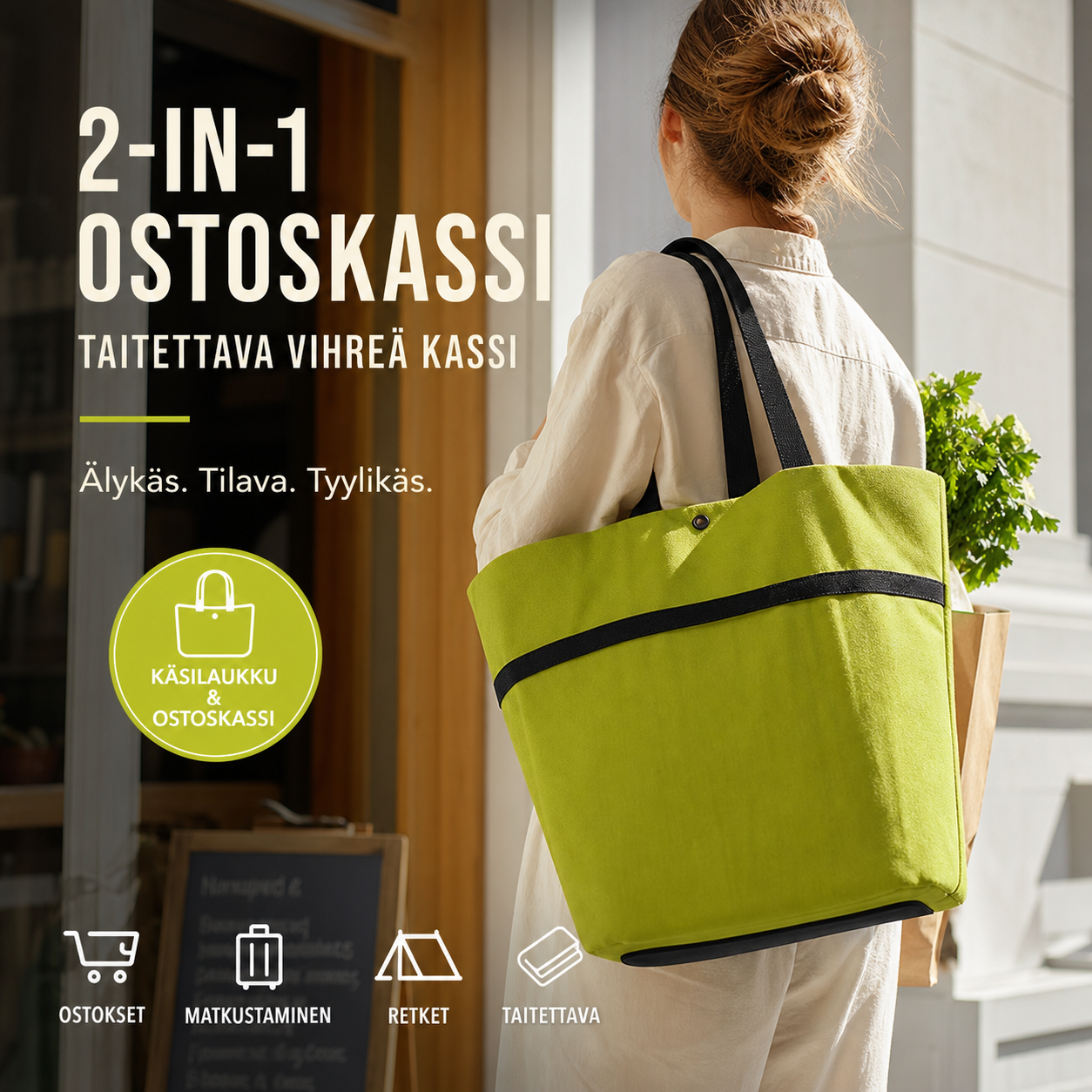 🔥KUUMAT TARJOUKSET 50 % ALENNUS🔥2-in-1-ostoskassi, taitettava vihreä kassi