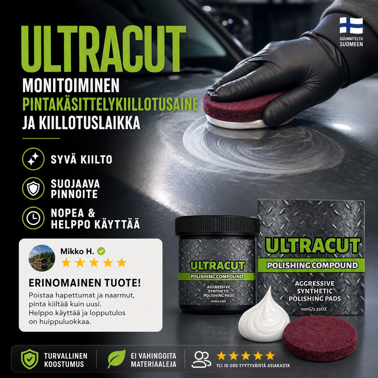 Monitoiminen pintakäsittelykiillotusaine ja kiillotuslaikka