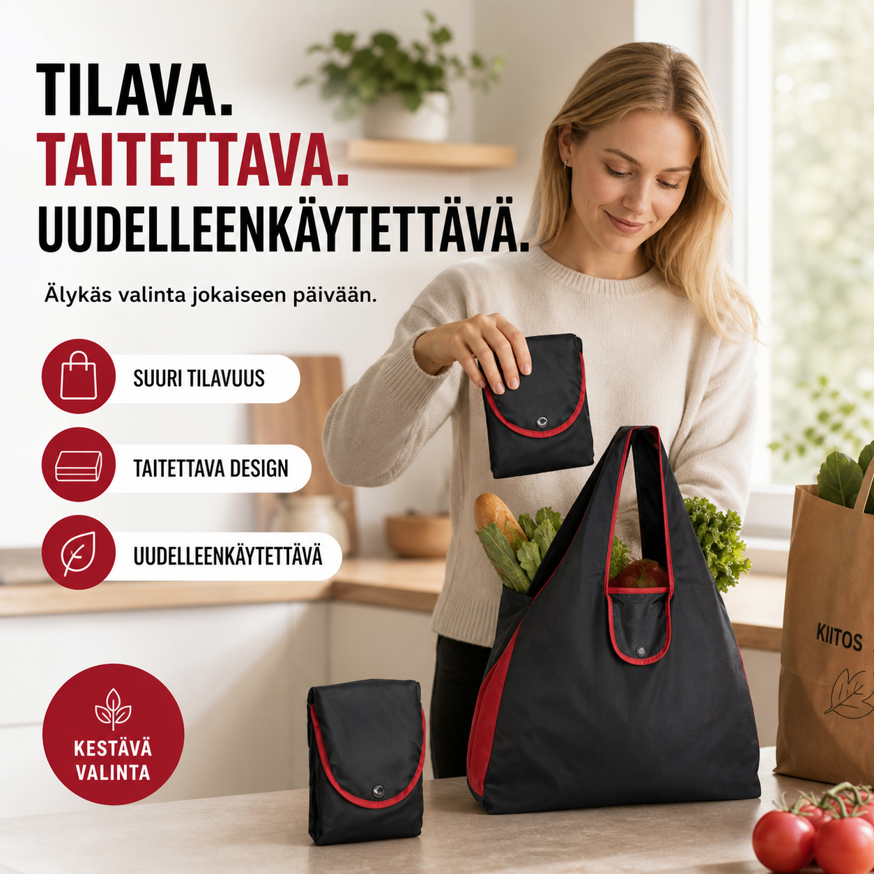 Ison tilavuuden taitettava uudelleenkäytettävä ostoskassi