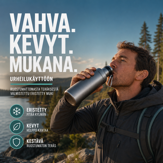 Urheilukäyttöön tarkoitettu ruostumattomasta teräksestä valmistettu eristetty muki