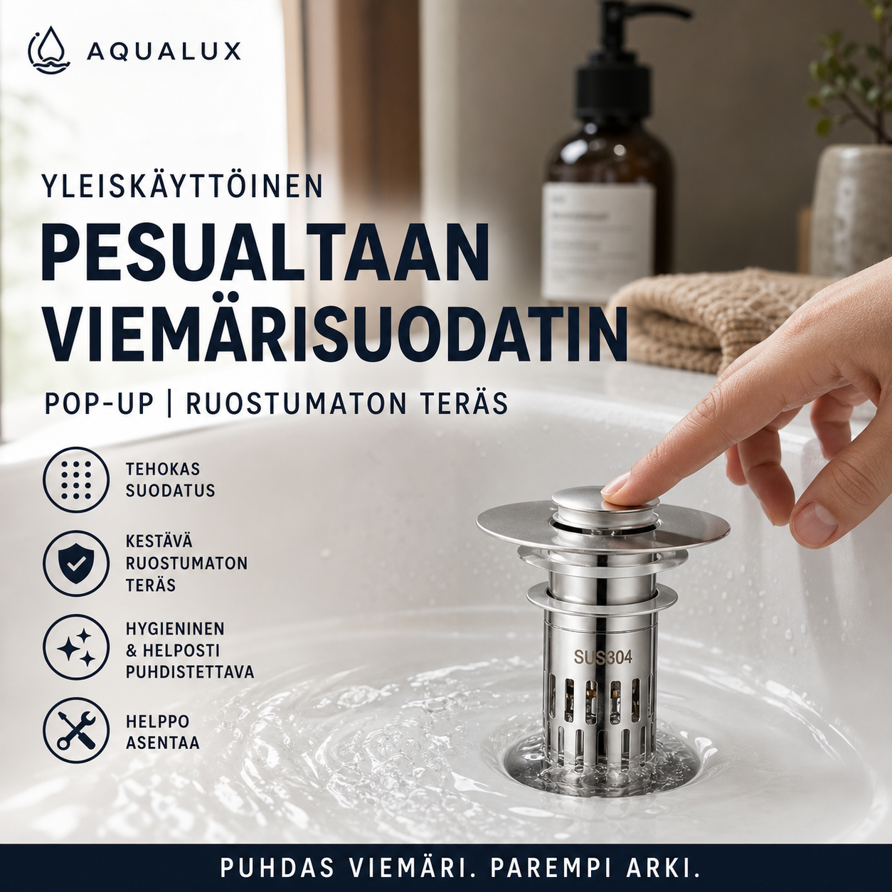 Yleiskäyttöinen ruostumattomasta teräksestä valmistettu pop-up-tyyppinen pesualtaan viemärisuodatin