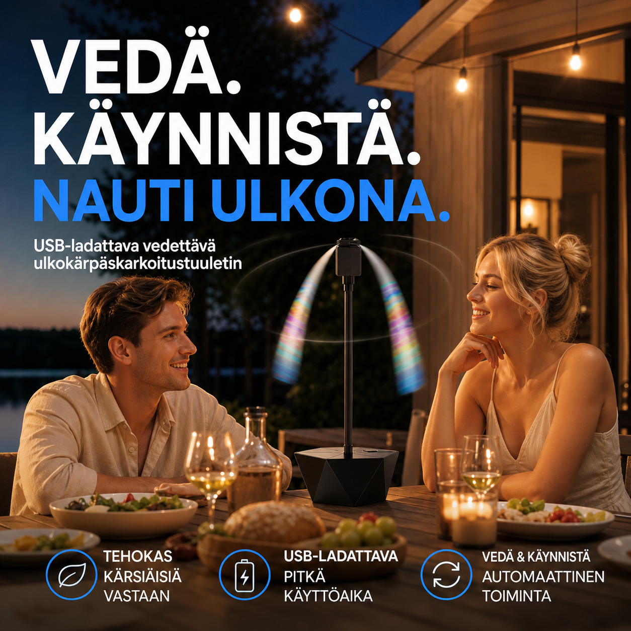 USB-ladattava vedettävä ulkokärpäskarkoitustuuletin
