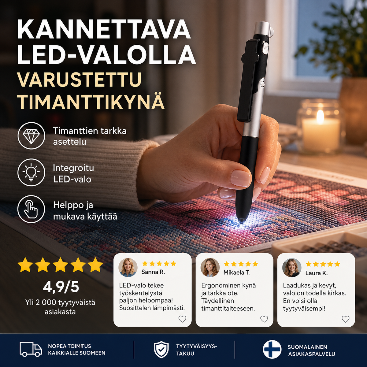 Kannettava LED-valolla varustettu timanttikynä