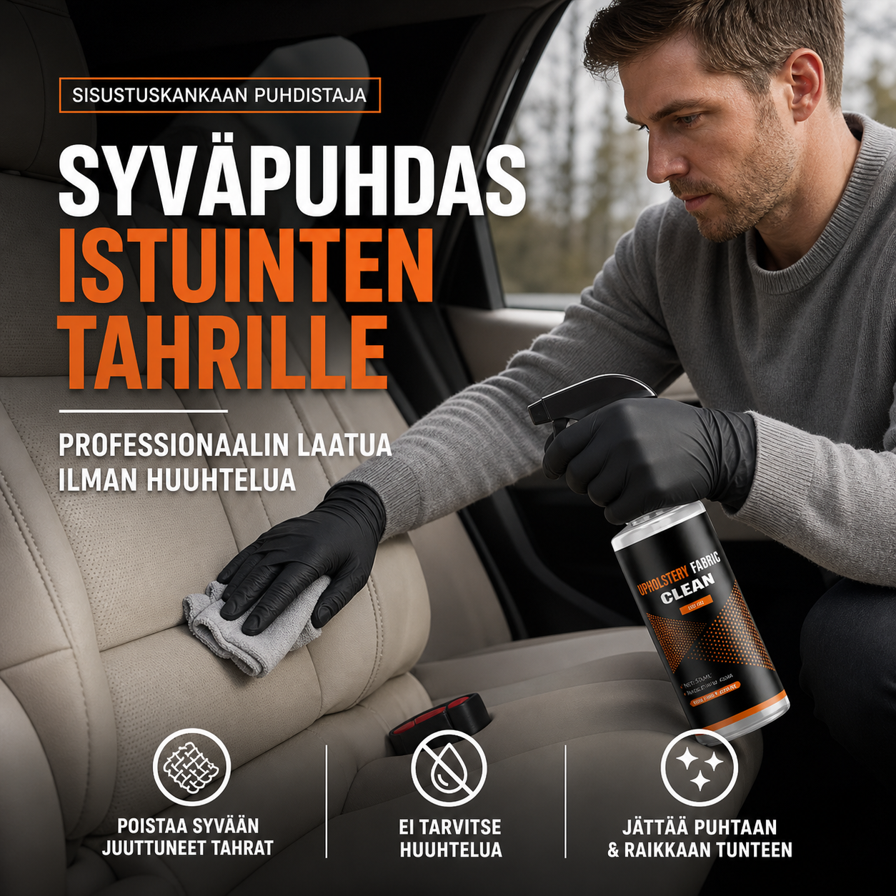 Ammattikäyttöön tarkoitettu, huuhtelematon auton sisätilojen tahranpoistoaine