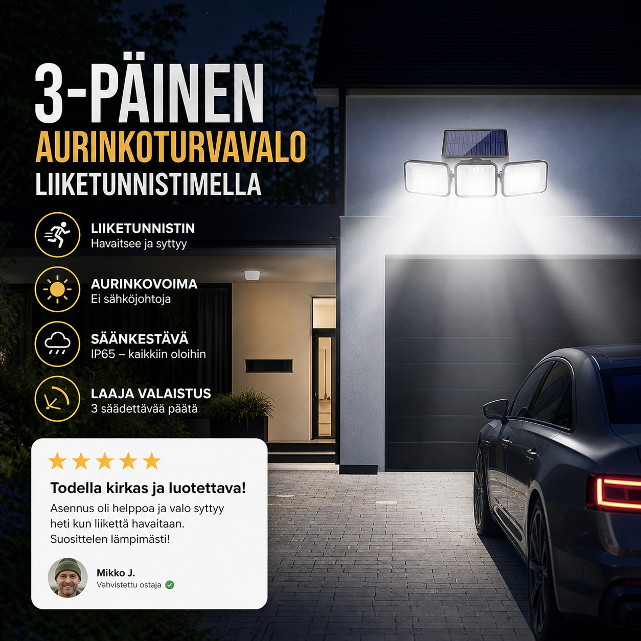 3-päinen aurinkoturvavalo liiketunnistimella