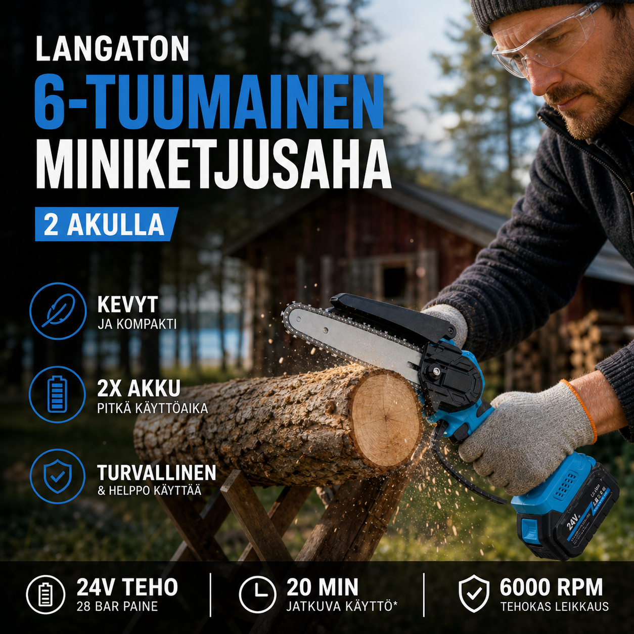 ⚡60 % alennus nyt! 🌳Langaton 6-tuumainen miniketjusaha 1 akulla🌲