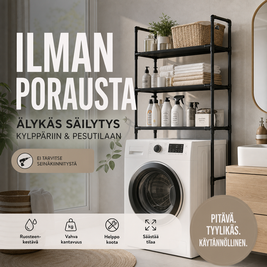 Porausvapaa säilytyshylly kylpyhuoneeseen ja pesutilaan