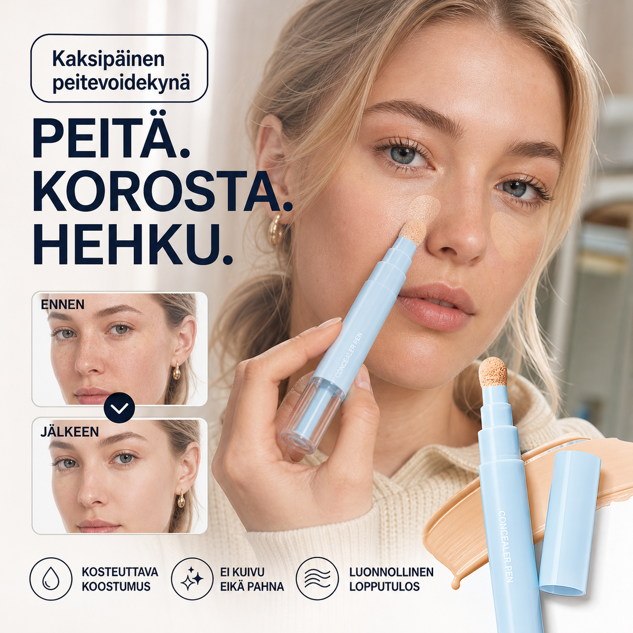 🔥Osta 1, saat 1 ilmaiseksi NYT!💄🥳YLI 50 000 MYYTY!🎨Kaksipäinen peitevoidekynä – peittää tummat silmänaluset ja näppylät, 24 tunnin kosteutus. Kevyt, ei kakkuuntuva. Pehmeä viimeistely.✨