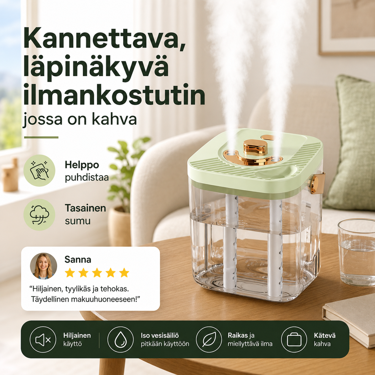 Kannettava, läpinäkyvä ilmankostutin, jossa on kahva