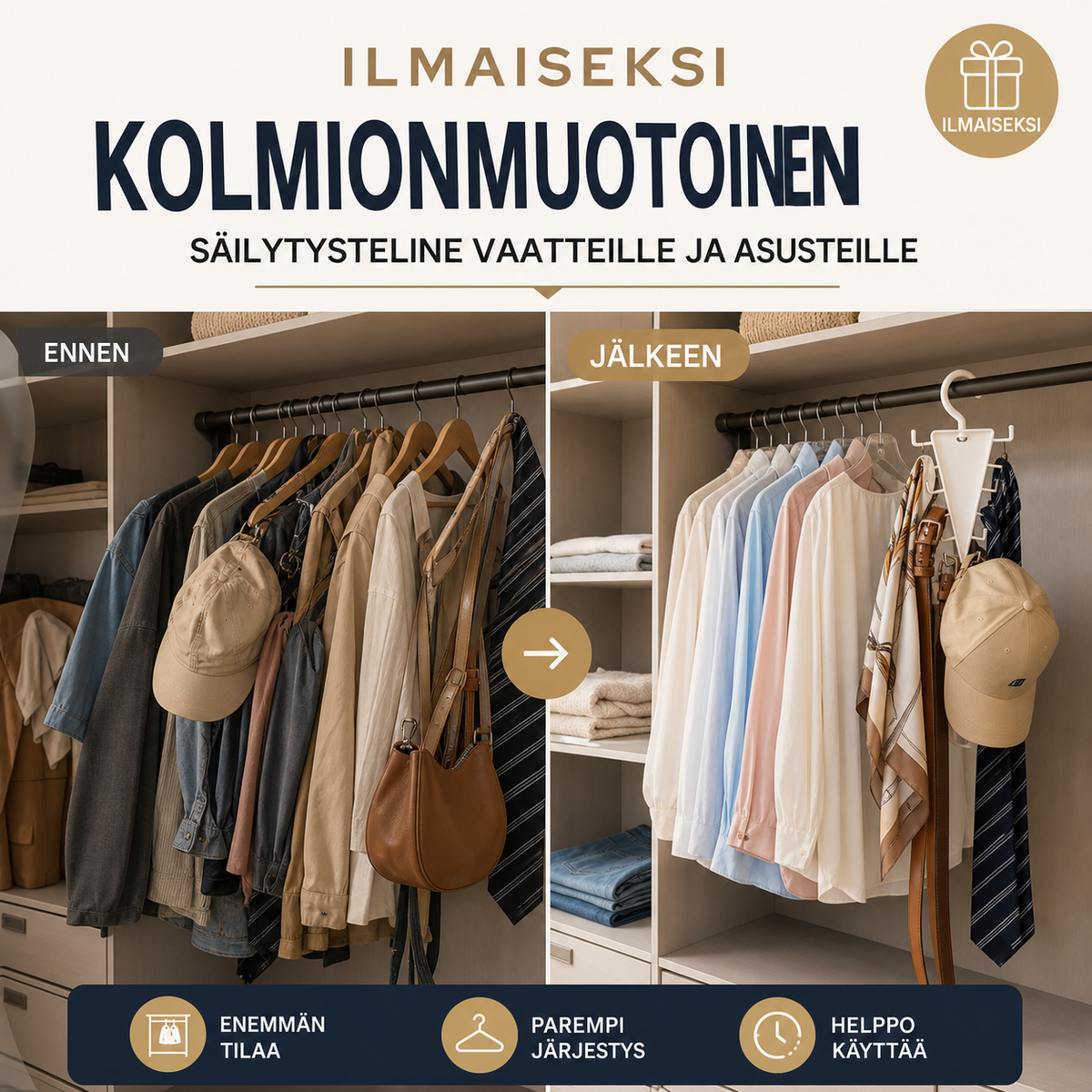 ilmaiseksi – Kolmionmuotoinen säilytysteline vaatteille ja asusteille