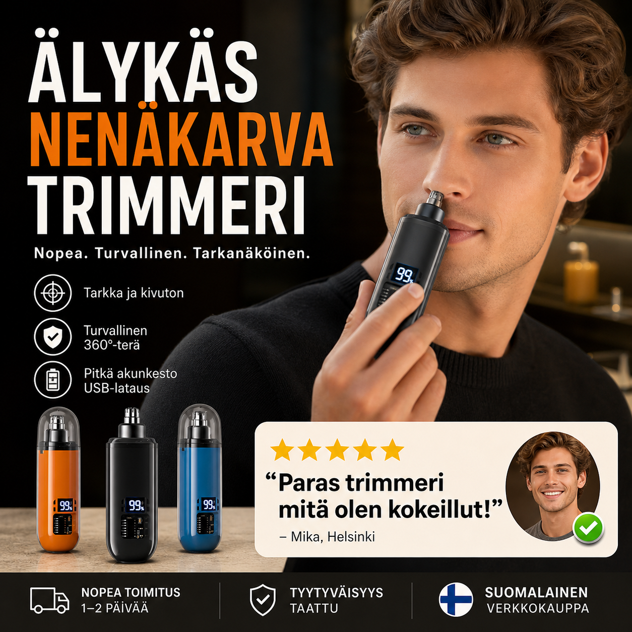 🔥 50 % ALENNUS! ✨ Älykäs nenäkarvatrimmeri – kivuton leikkaus, IPX7-luokan vedenkestävyys, pikalataus USB-C-liitännän kautta, LED-näyttö ✂️⚡