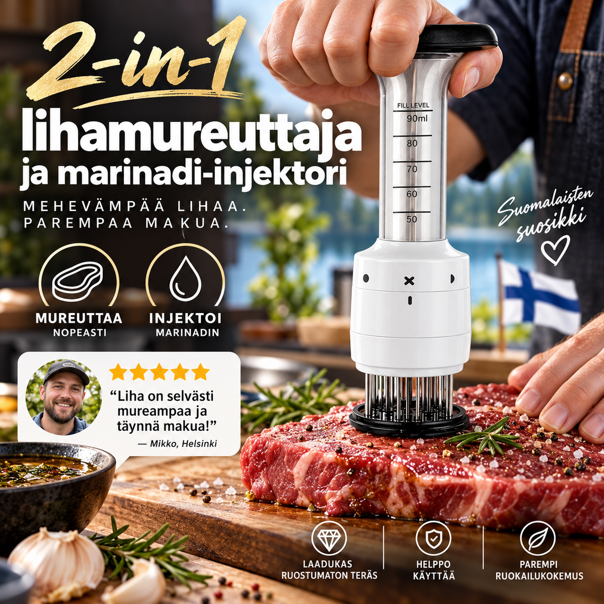 2-in-1 lihamureuttaja ja marinadi-injektori – Ruostumaton teräs lihan pehmennykseen ja maustamiseen