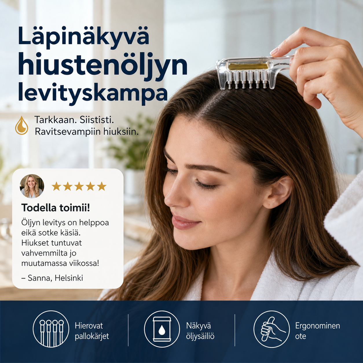 Läpinäkyvä hiustenöljyn levityskampa – tasainen levitys ja helppo käyttö!
