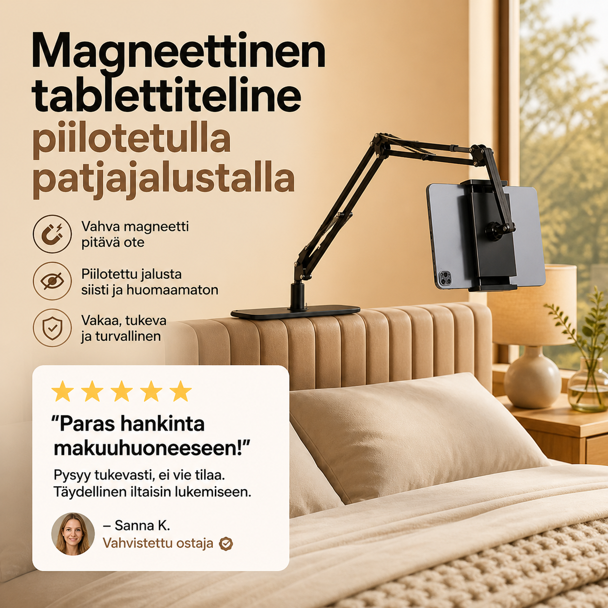 🛏️ Katso tabletista sängyssä, hands-free – magneettinen tablettiteline piilotetulla patjajalustalla. Ei tärisemistä, ei poraamista!