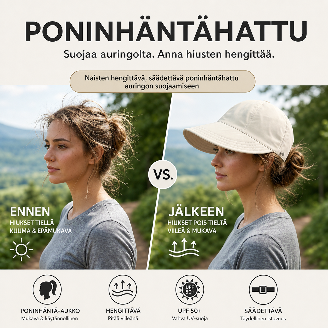 Naisten hengittävä, säädettävä poninhäntähattu auringon suojaamiseen