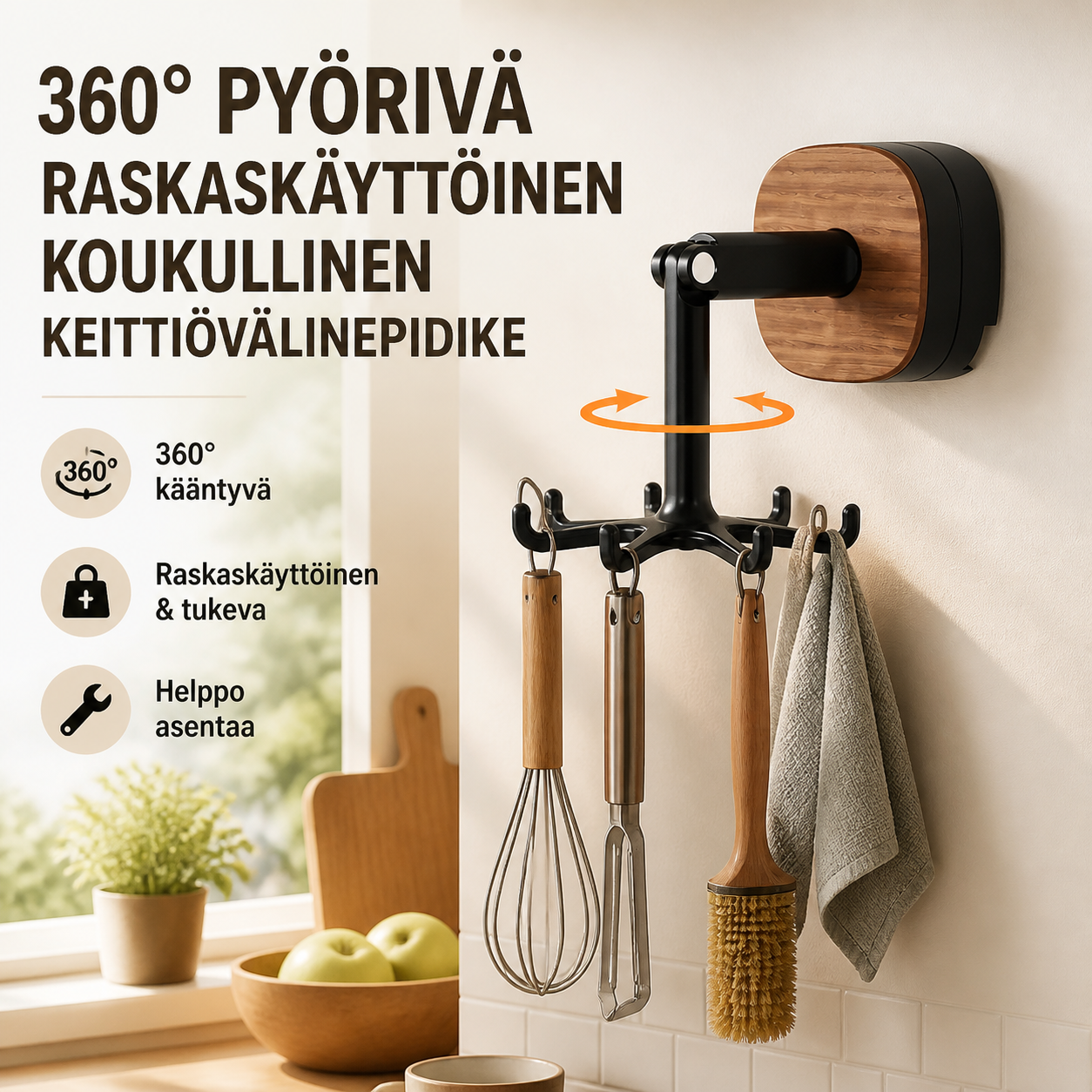 360° pyörivä raskaskäyttöinen koukullinen keittiövälinepidike