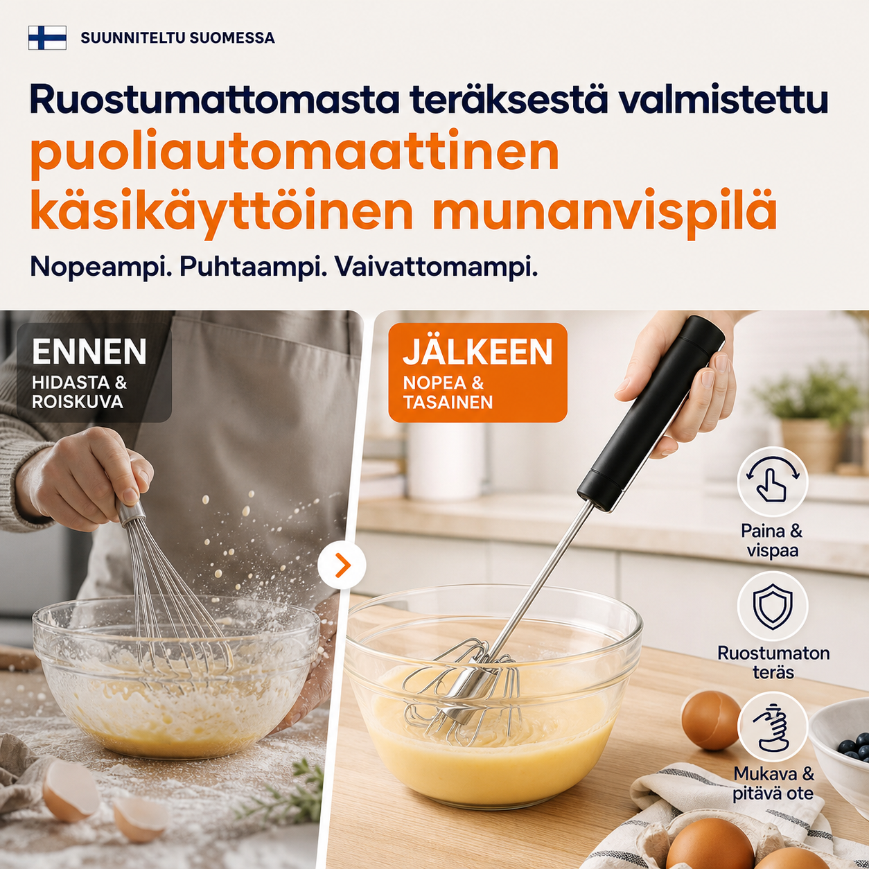 Ruostumattomasta teräksestä valmistettu puoliautomaattinen käsikäyttöinen munanvispilä