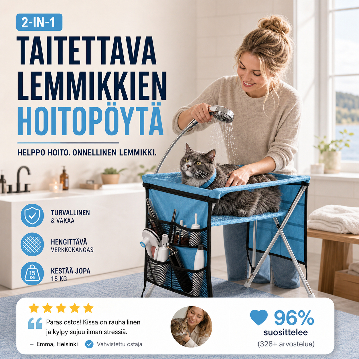 🐱 50 % ALENNUS! 🛏️ 2-in-1-taitettava lemmikkien hoitopöytä – Luistamaton pöytä ja mukava makuualusta – Ihanteellinen harjaukseen, kynsien leikkaamiseen ja päiväunille 💤