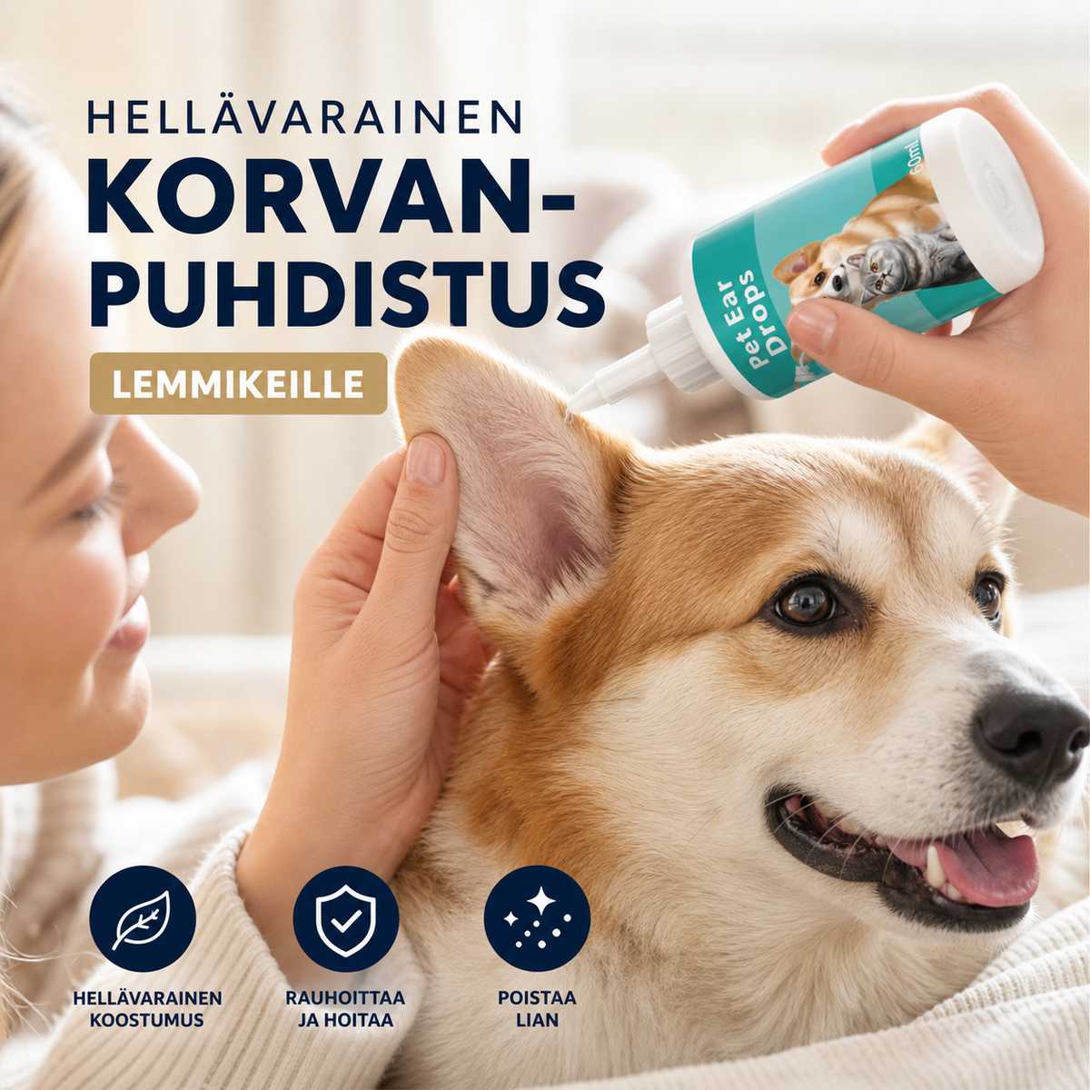 Hellävarainen korvanpuhdistusliuos lemmikeille