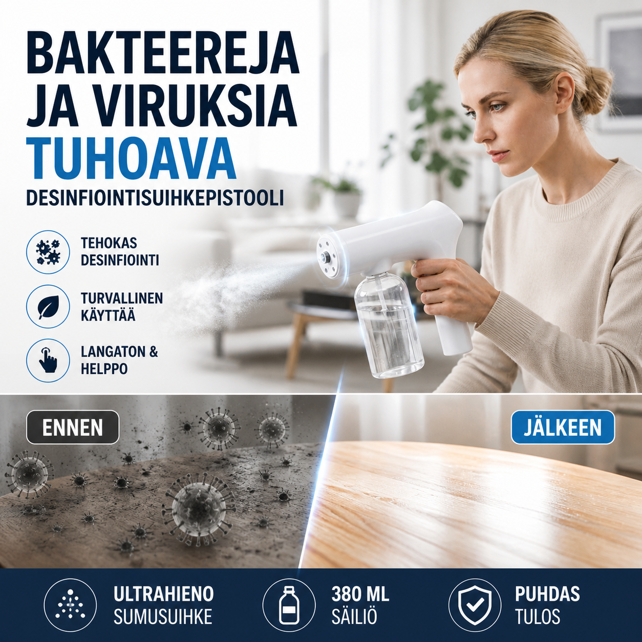 Bakteereja ja viruksia tuhoava desinfiointisuihkepistooli