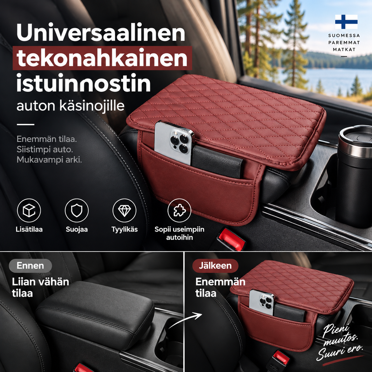 Universaalinen tekonahkainen istuinnostin auton käsinojille