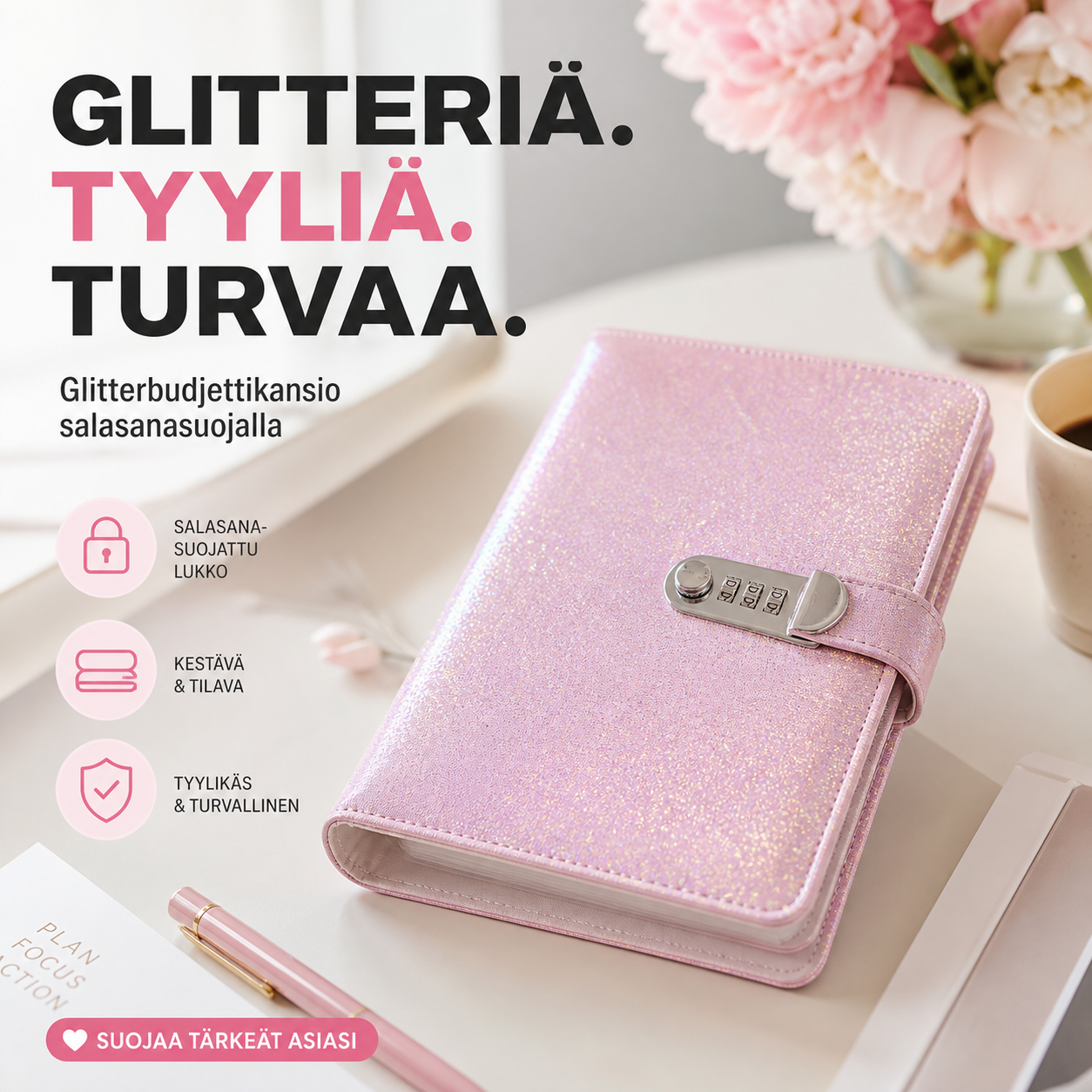 Glitterbudjettikansio salasanasuojalla