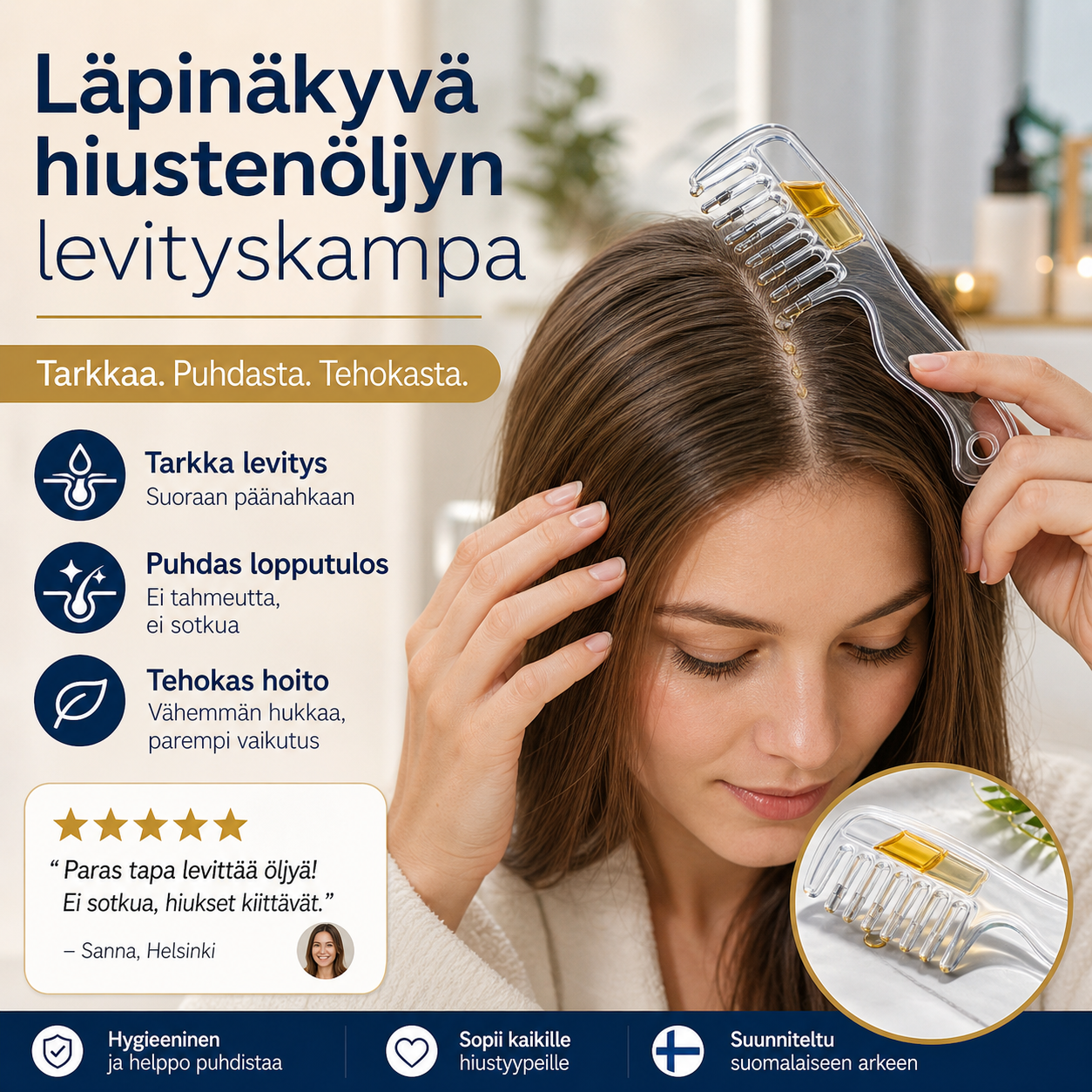 Läpinäkyvä hiustenöljyn levityskampa – tasainen levitys ja helppo käyttö!