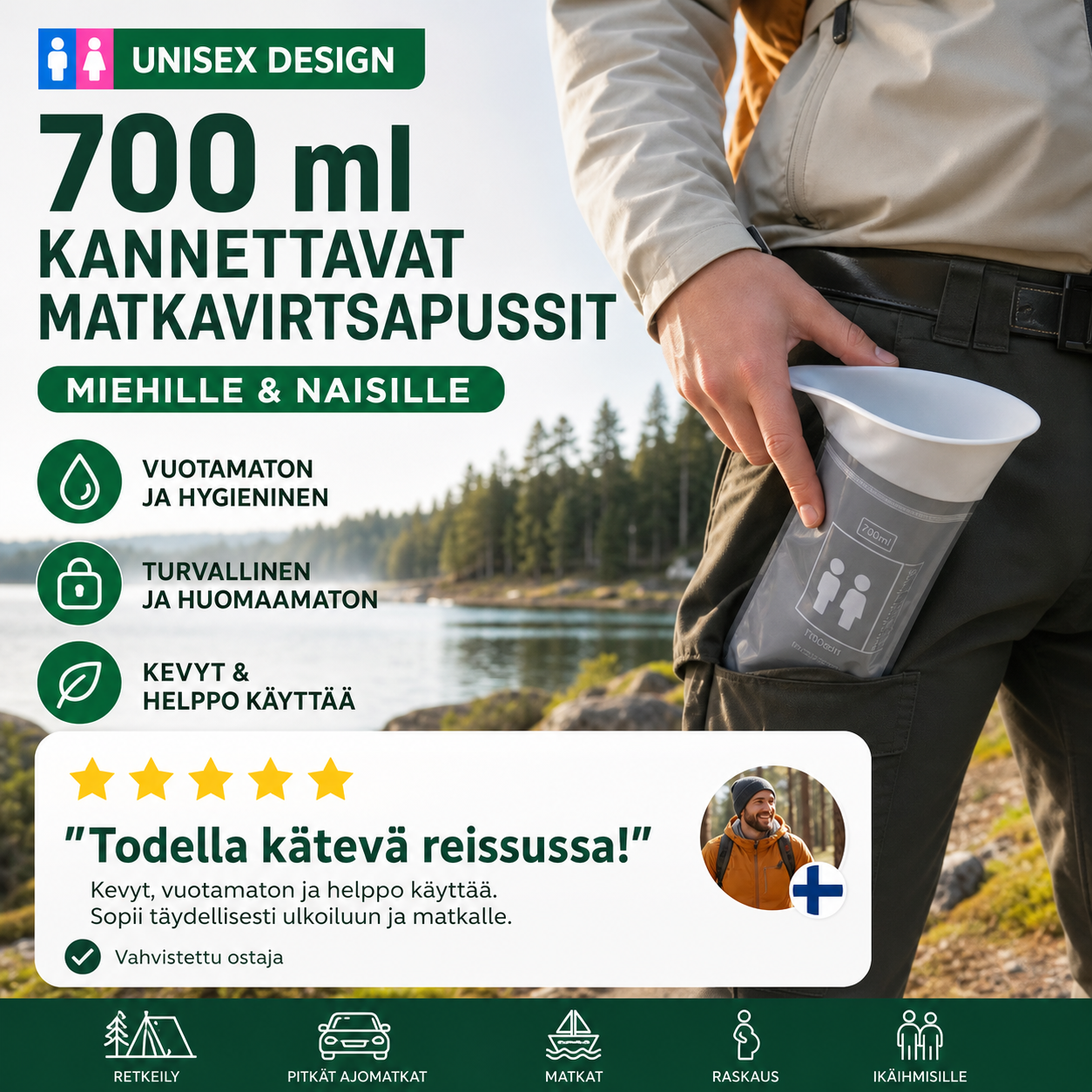 🔥 700 ml:n kannettavat matkavirtsapussit – Ei enää huolta vessasta tien päällä! Vuotamattomat, roiskesuojatut, hajua neutraloivat. Täydelliset pitkille matkoille, retkeilyyn ja hätätilanteisiin. Huomaamattomat ja hygieeniset. 🛣️🧻