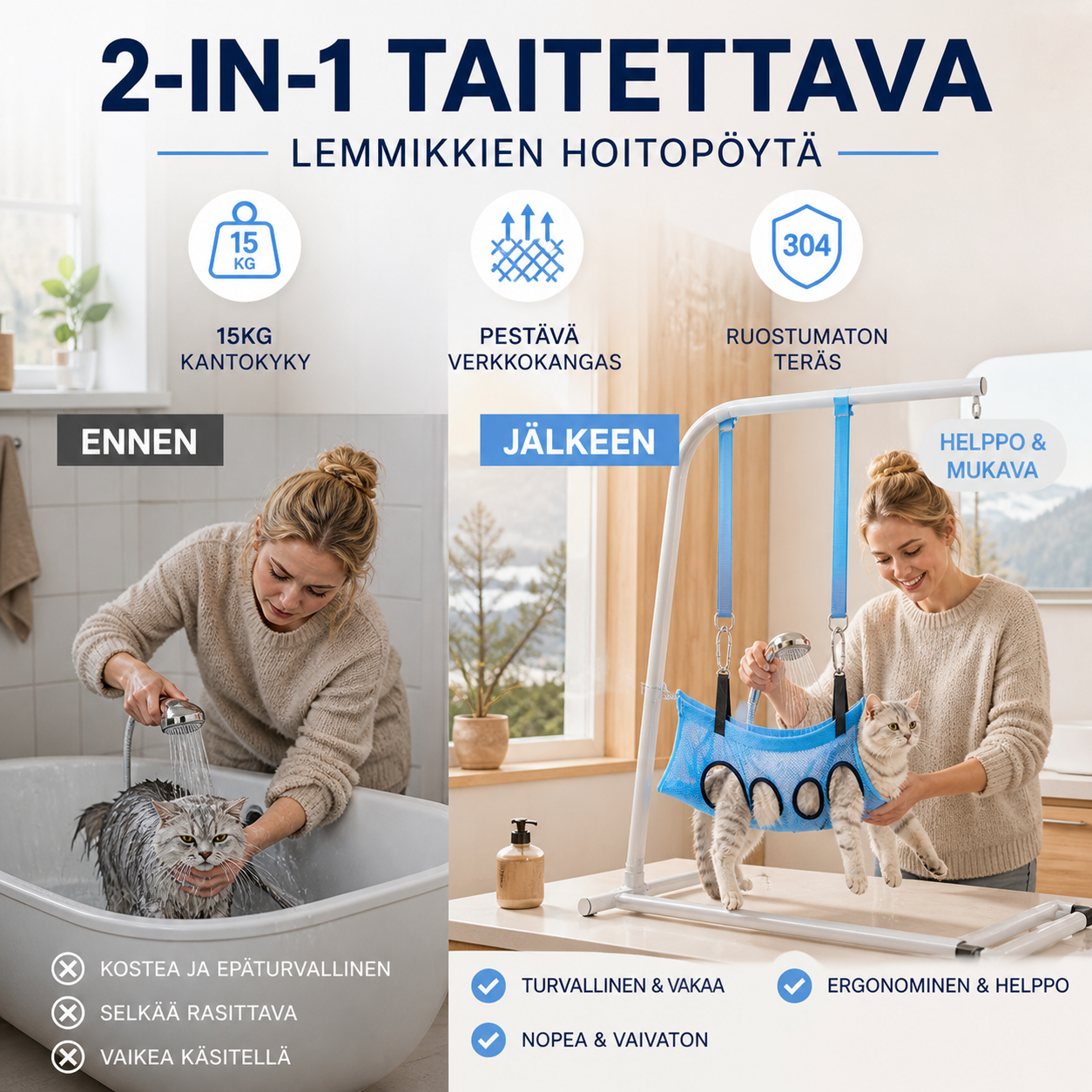 🐱 50 % ALENNUS! 🛏️ 2-in-1-taitettava lemmikkien hoitopöytä – Luistamaton pöytä ja mukava makuualusta – Ihanteellinen harjaukseen, kynsien leikkaamiseen ja päiväunille 💤