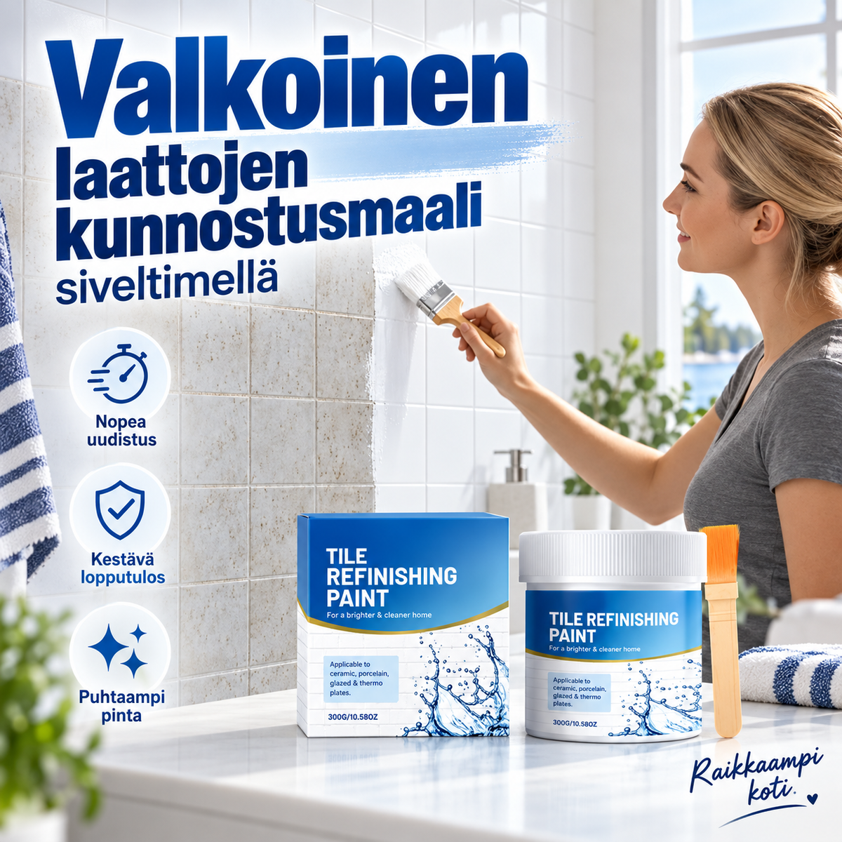Valkoinen laattojen kunnostusmaali siveltimellä