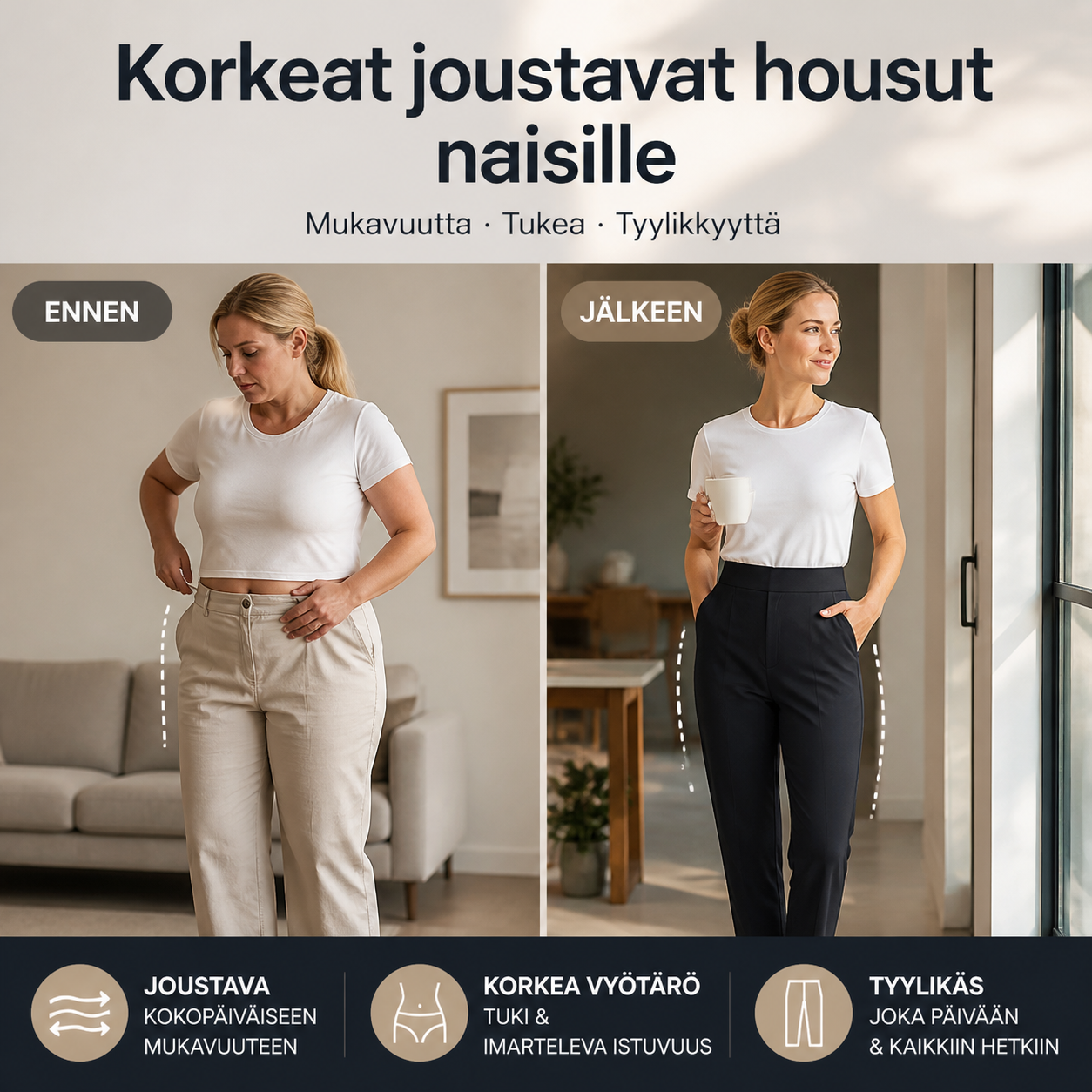 Korkeat joustavat housut naisille, joissa on taskut vetoketjun kanssa