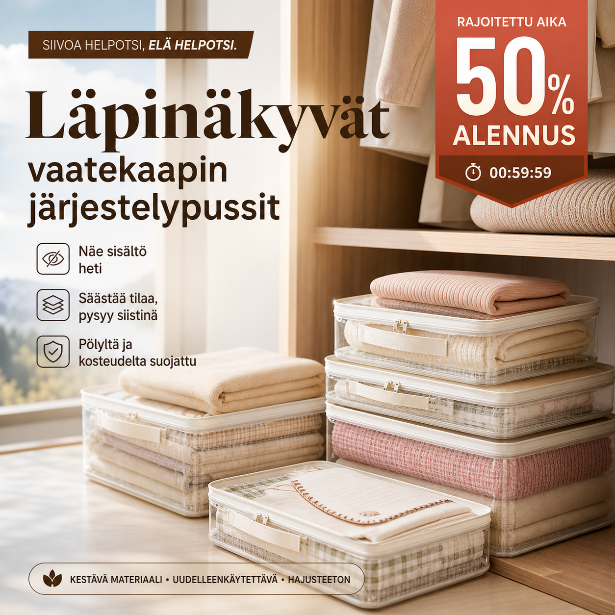 Läpinäkyvät vaatekaapin järjestelypussit