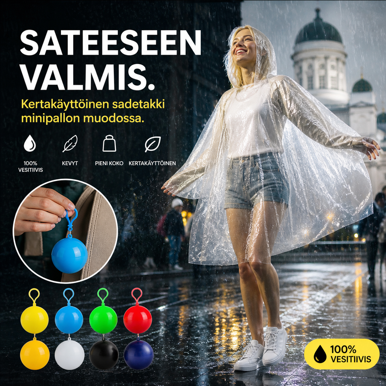 🥳HITTIMYYNTI 2026🥳💞YLI 50 000 MYYTY!👵❤️ Kertakäyttöinen sade takki minipallon muodossa (Osta 1, saat 1 ilmaiseksi)