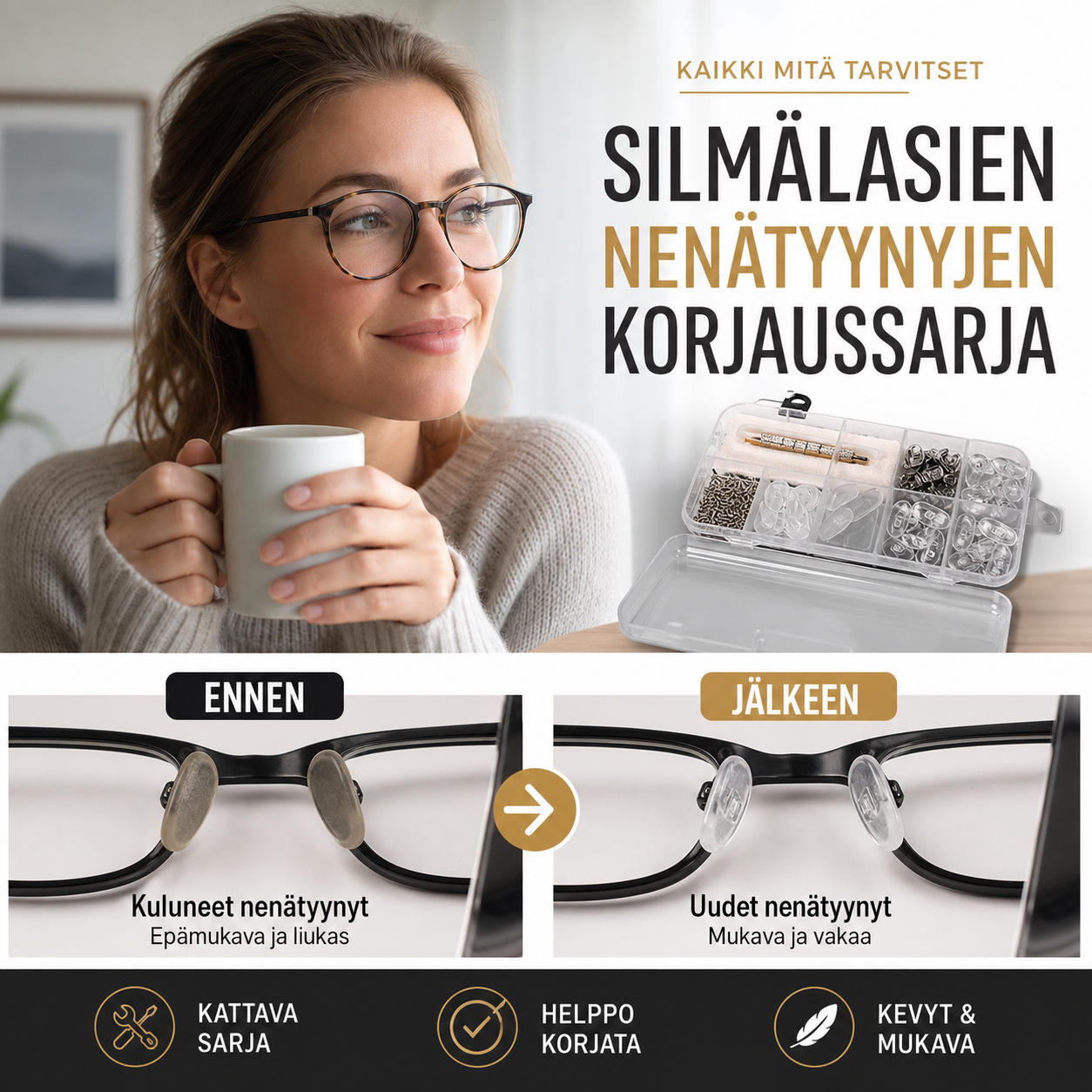 👓-50% NYT! 🛠️Silmälasien nenätyynyjen korjaussarja – Pehmeät liukumattomat tyynyt, täydelliset korjaustyökalut, yleiskäyttöinen silmälasien huoltosarja