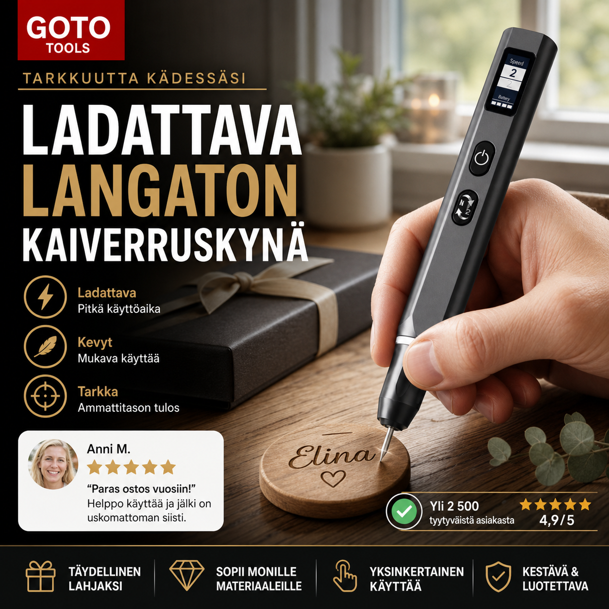 Ladattava langaton kaiverruskynä – tarkka ja helppo kaiverrus kaikille pinnoille!