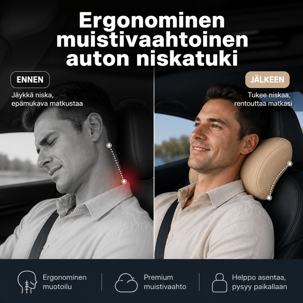 Ergonominen muistivaahtoinen auton niskatuki