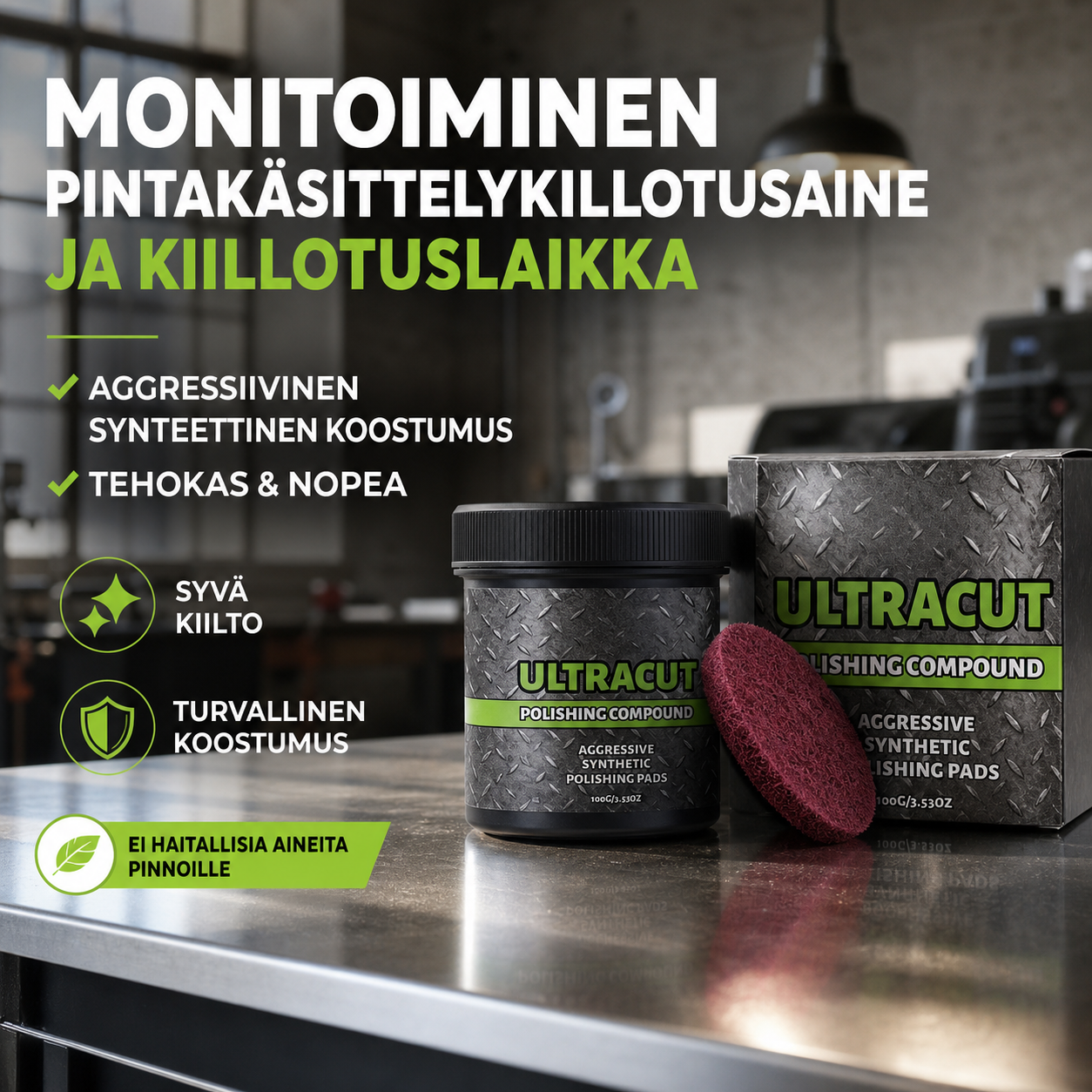 Monitoiminen pintakäsittelykiillotusaine ja kiillotuslaikka