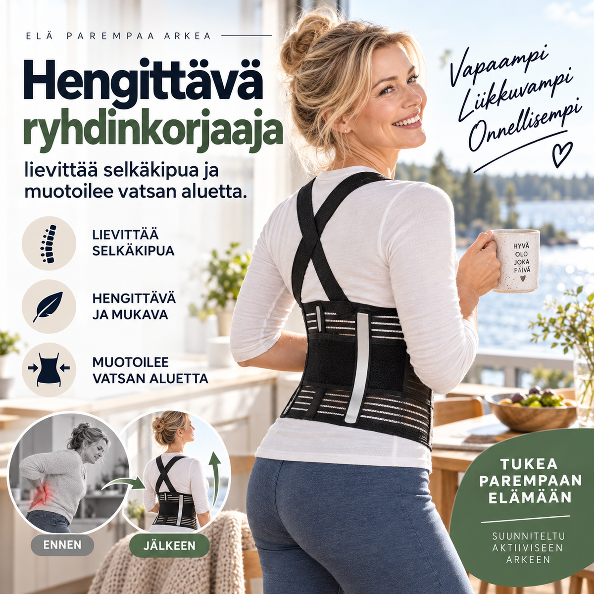 Hengittävä ryhdinkorjaaja – lievittää selkäkipua ja muotoilee vatsan aluetta