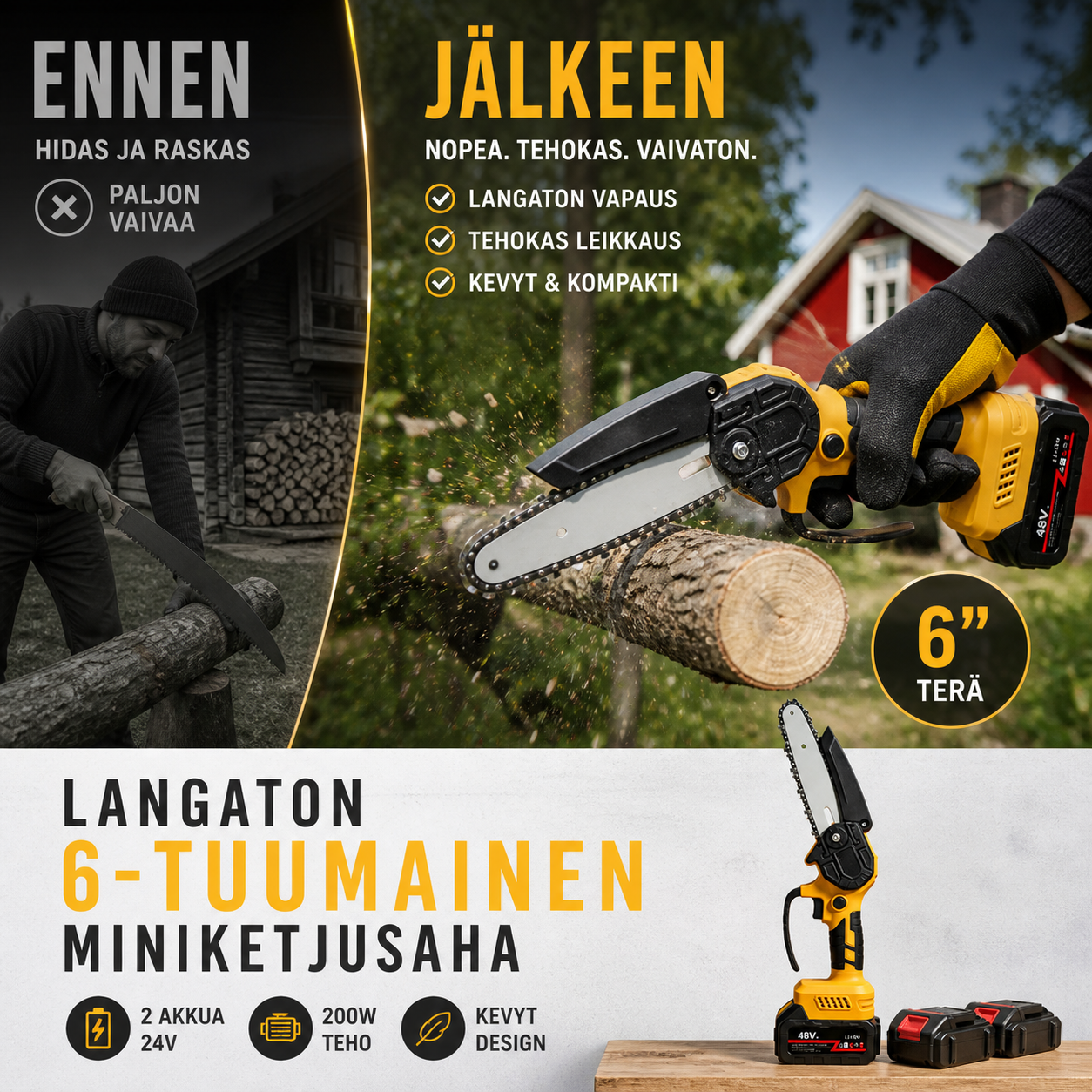 ⚡60 % alennus nyt! 🌳Langaton 6-tuumainen miniketjusaha 1 akulla🌲