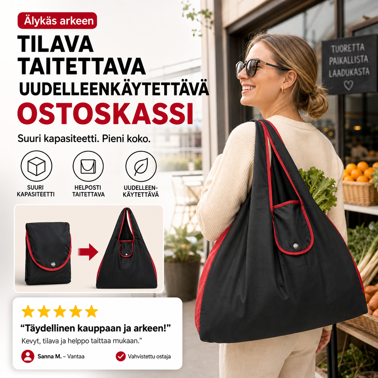 Ison tilavuuden taitettava uudelleenkäytettävä ostoskassi
