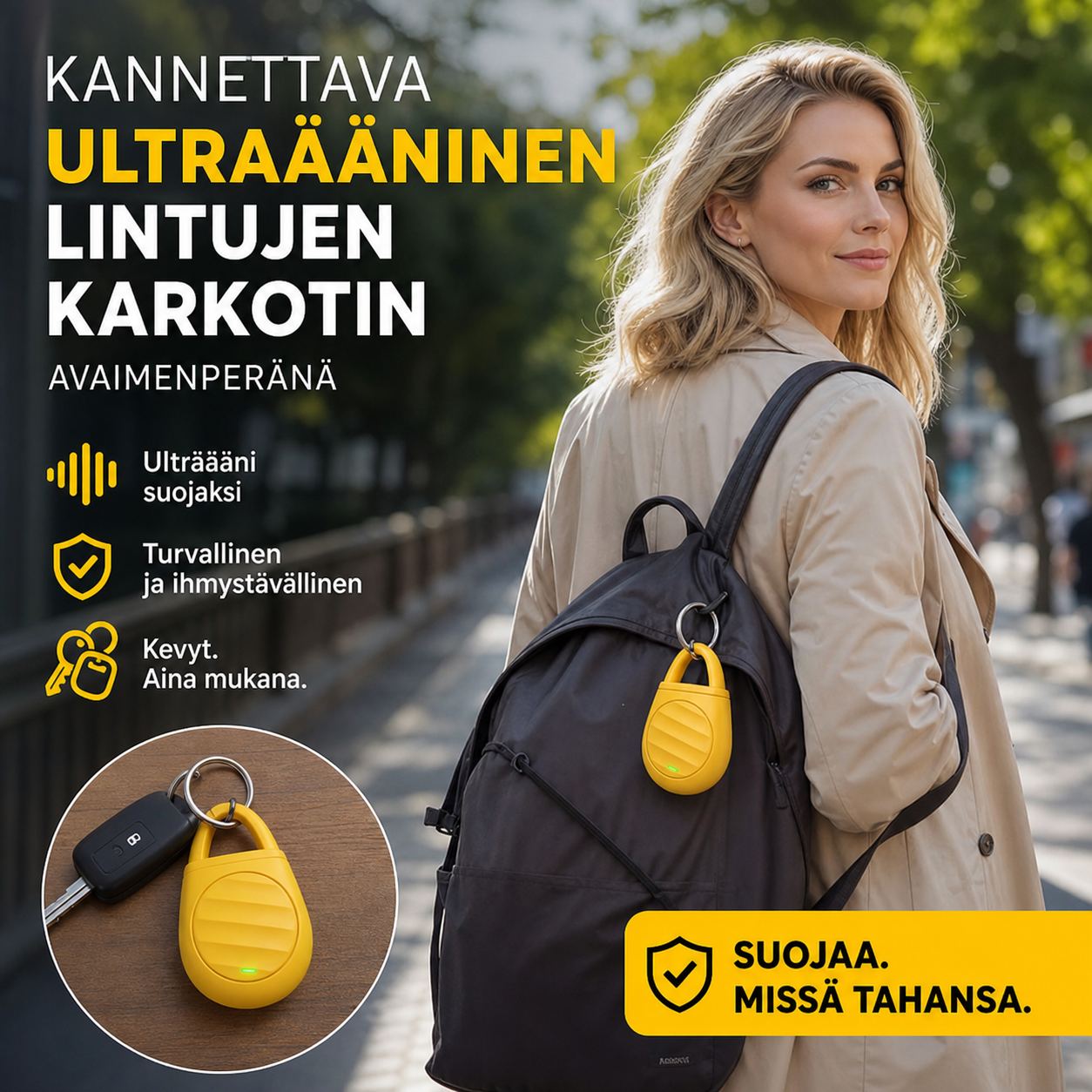 🐦Ei enää ongelmia lintujen, eläinten ja heinäsirkkojen kanssa！Kannettava ultraääninen lintujen karkotin avaimenperänä