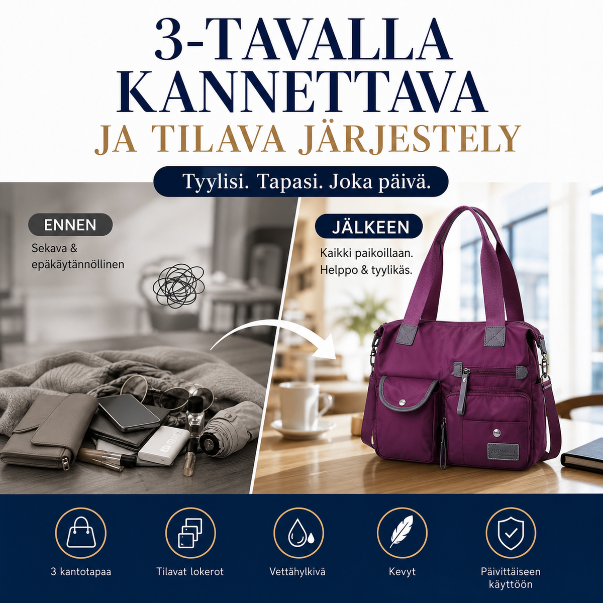 Vedenkestävä kassilaukku – 3-tavalla kannettava ja tilava järjestely