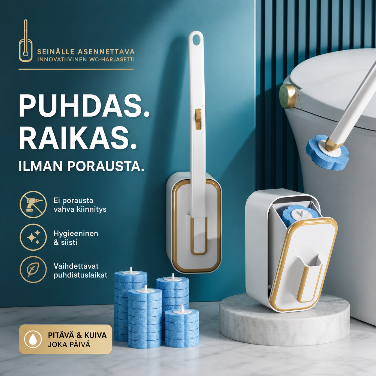 Seinälle asennettava innovatiivinen WC-harjasetti